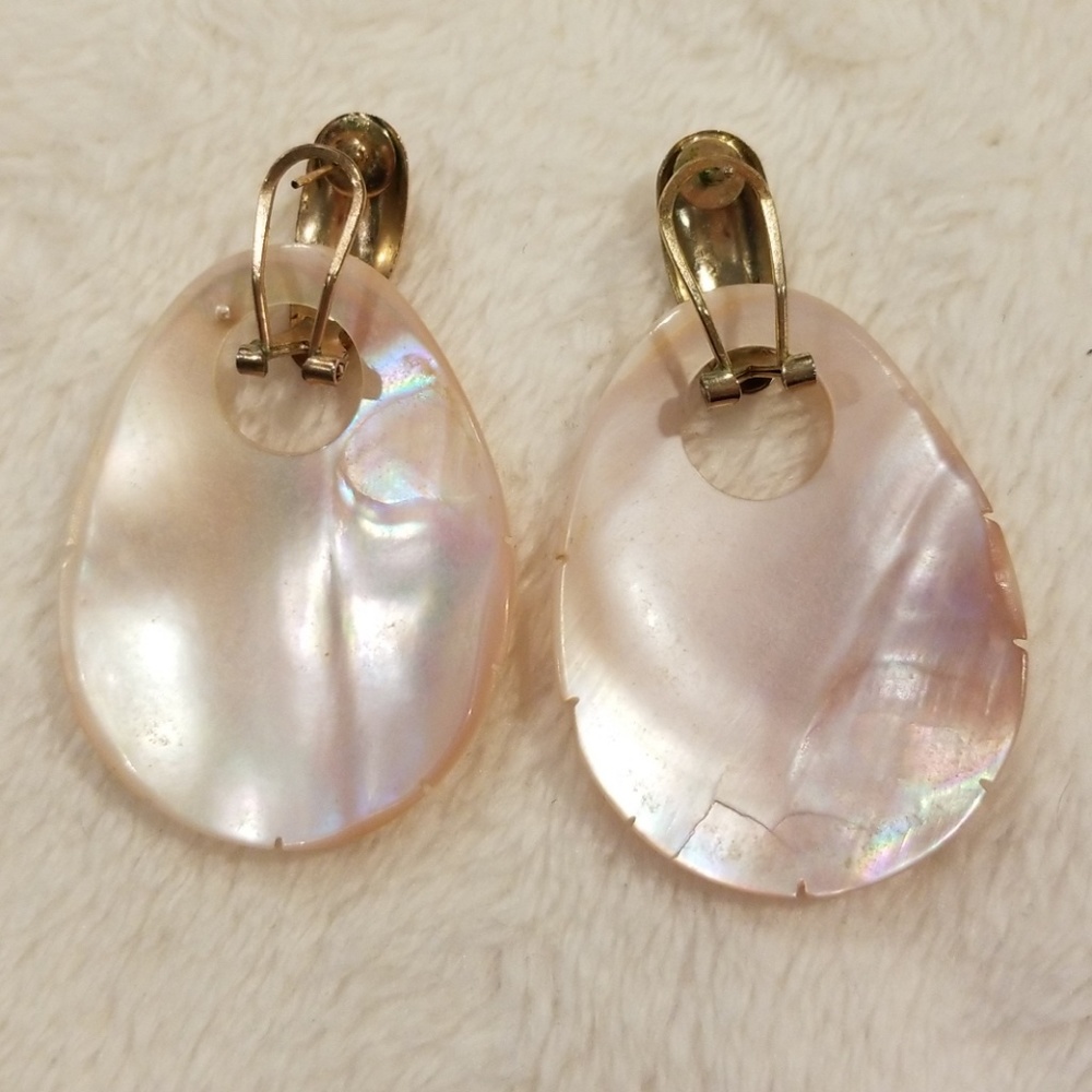🍓🍓1980's Vintage Abalone Shell Mother Of Pearl Oval Statement Earrings - Picture 3 of 12